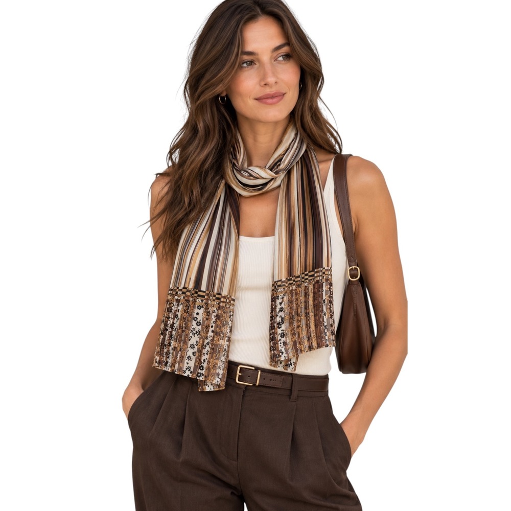 Adrienne Vittadini Silk Scarf Striped‎ Floral Neutral 35x35 Retro